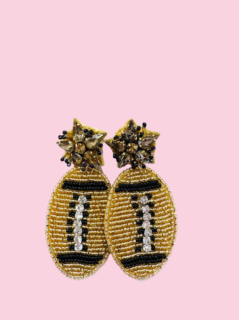 Black/Gold Football Beaded Earrings